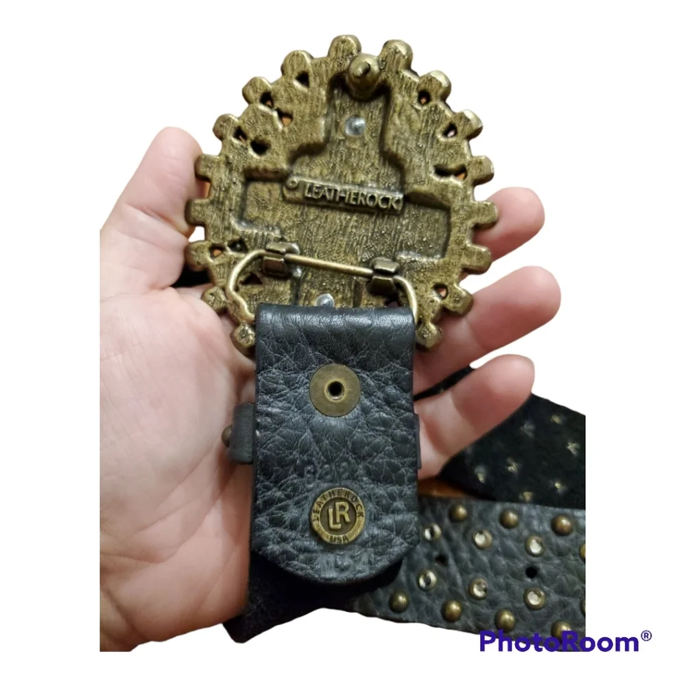 Leatherock studded black pebbled leather belt western cowgirl rodeo